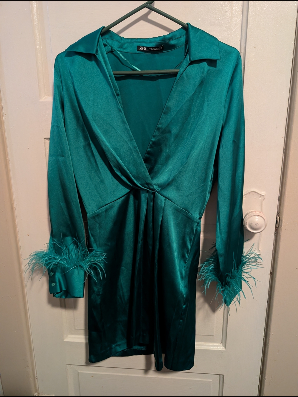 Viral Zara Green Satin Effect Dress with Feather Cuffs & Plunging V-Neck Small